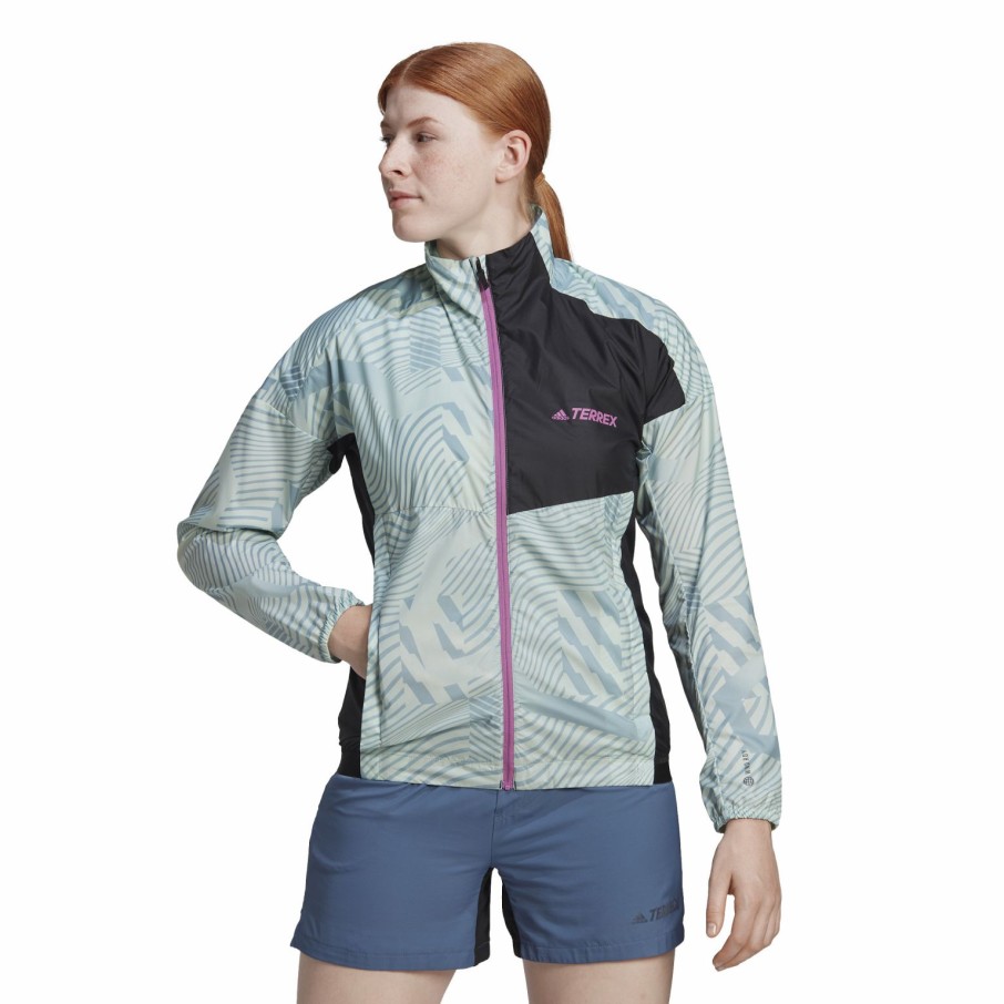 Men'S Apparel * | Adidas Womens Terrex Trail Running Printed Windbreaker Linen Green