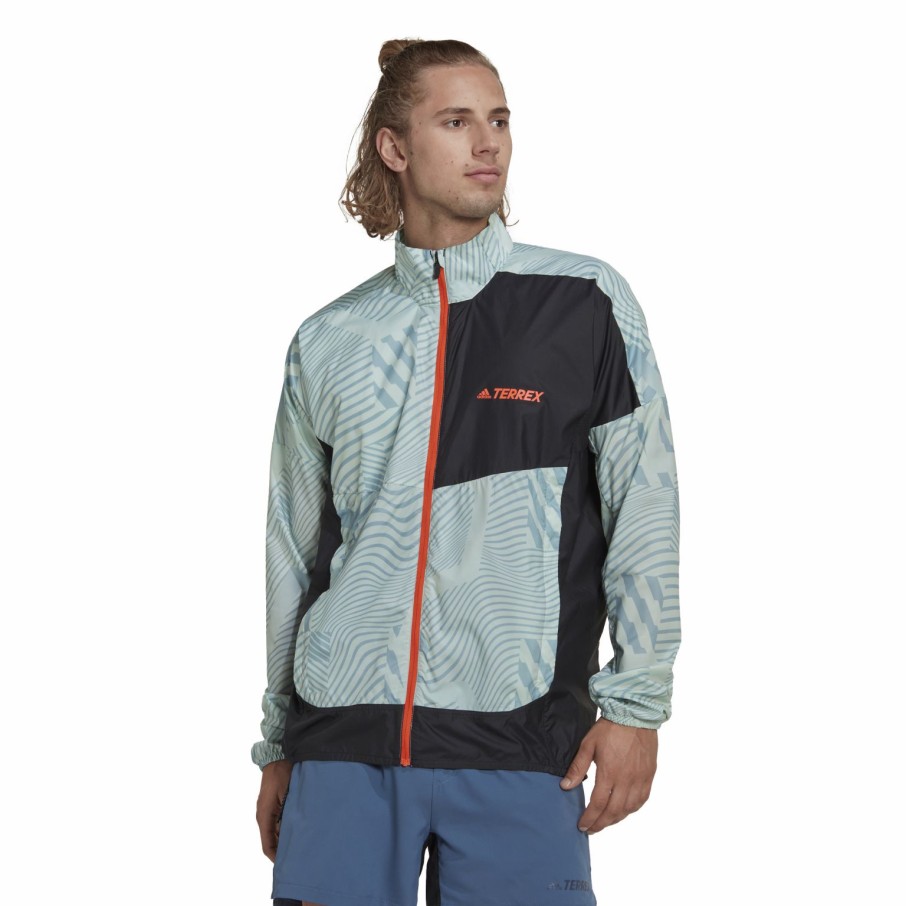 Men'S Apparel * | Adidas Mens Terrex Trail Running Printed Windbreaker Linen Green